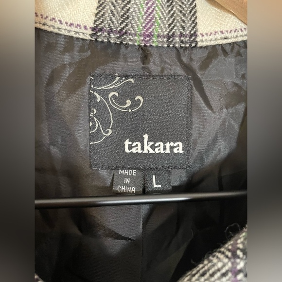 Takara Collared Plaid Long Wool Blend Lightweight Pea Coat 3/4 Sleeve Size Large - Picture 2 of 12